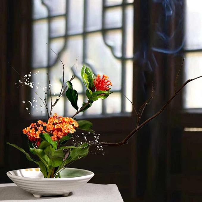 Japanese Ikebana Vase Kit, Flower Shallow Container Ceramics Ikebana Vase with 1.57inch Flower Frog Floristry Kenzan and Floral Frog Needle Straightening Tool (White and Green Bowl)