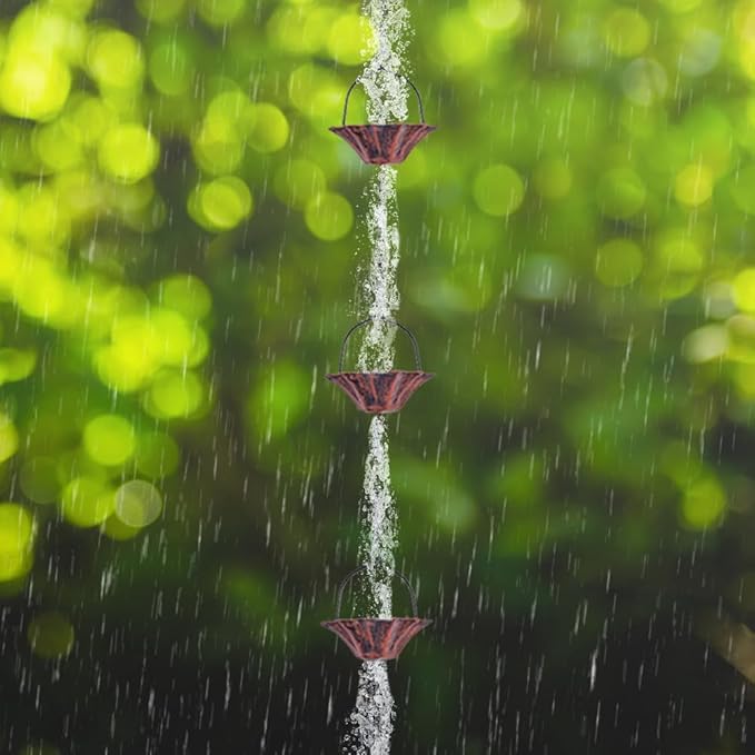 10FT Lotus Rain Chain, Rain Chains for Gutters with 12 Cups, Adjustable Rain Catcher Chain with Bell for Eaves Drainage, Replacement for Downspout