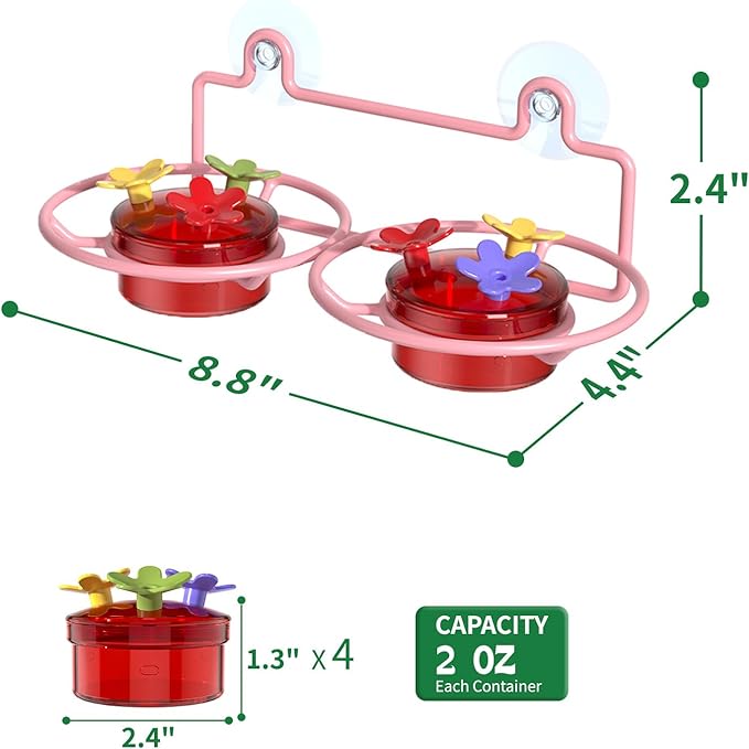 Dreamdrawer 2 Pack Window Hummingbird Feeder, Small Hummingbird Feeder for Outdoors with Strong Suction Cup - Metal Base & 6 Feeding Ports, Easy to Clean and Refill, Pink