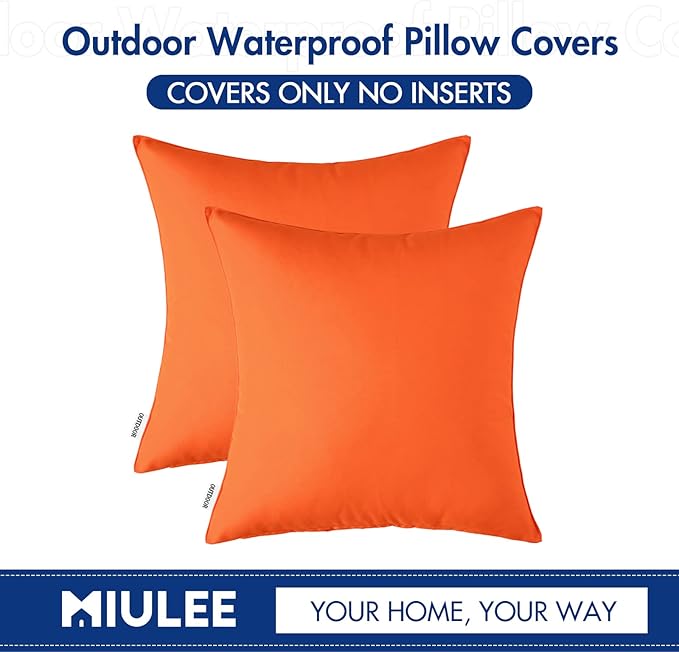 MIULEE Pack of 2 Decorative Outdoor Waterproof Pillow Covers Garden Cushion Sham Throw Pillowcase Shell for Fall Patio Tent Couch 16x16 Inch Orange