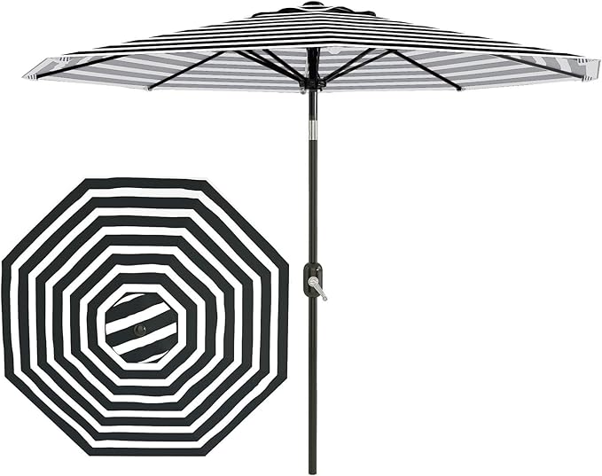 Garvee 10 ft Outdoor Patio Umbrella 8 Sturdy Ribs Outdoor Table Umbrella with Crank Lift & Push Button Tilt UV Protection Waterproof Market Umbrellas for Pool Deck Yard Garden, Black & White Stripes
