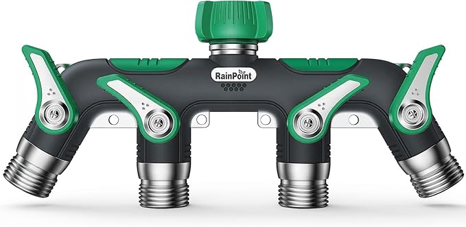 RAINPOINT 4 Way Garden Hose Splitter, 100% Metal Heavy Duty Water Hose Splitter with Individual Shut-Off Valves, 3/4" GHT High Flow Outdoor Faucet Splitter, 1.81" Extra Long Handle (Dark Green)
