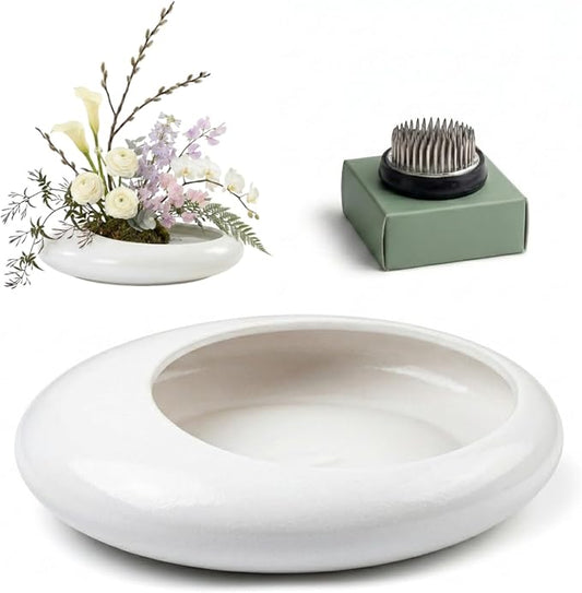 Ikebana Bowl Kit - Ikebana Vase (Japanese Flower Bowl Vase) with 1.8'' Floral Frog, Ikebana Set for Japanese Flower Arrangement (White, 1.8'' Floral Frog Included)