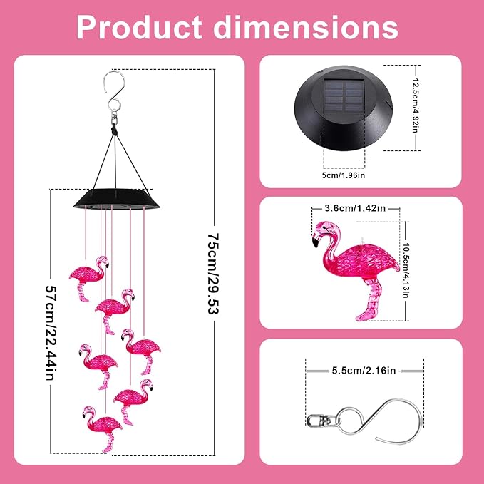 7-Color Light Changing Flamingo Solar Lights for Outside, Solar Lights Gifts for Father's Day, Solar Flamingo Wind Chimes Gifts for Women, Mom, Grandma, Garden Yard Lawn Outdoor Decor Mobiles