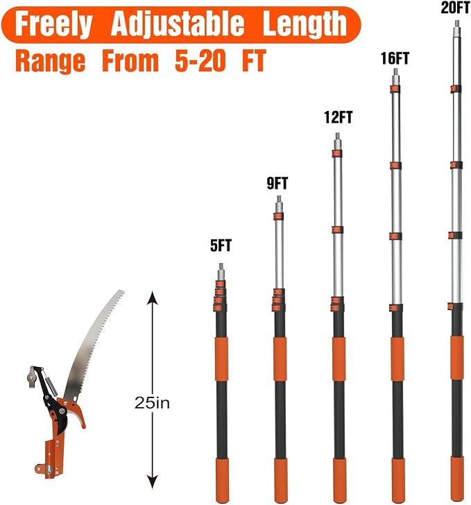 LAANPOLE 26FT Reach Tree Trimmer, Manual Pole Saw with 5-20FT Extension Pole, Tree Pruner Extendable for High Tree Branch Trimming Pruning Cutting