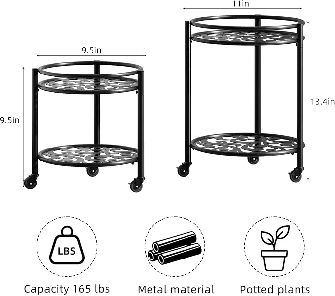 2 Tier Heavy Duty Rolling Plant Stand – 150 lbs Capacity Flower Pot Holder with Wheels for Indoor & Outdoor, Easy Move Cart for Balcony, Patio, Garden, 2 Pack Black