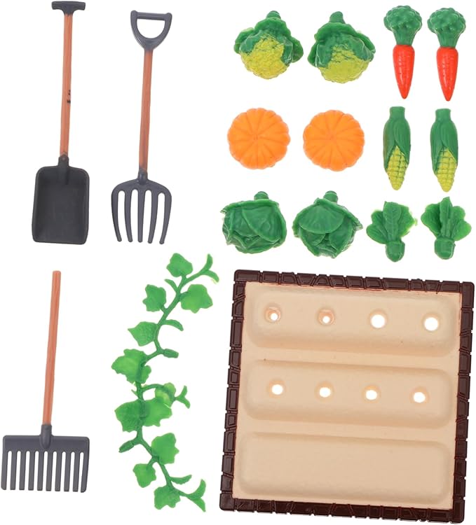 NUOBESTY Mini Shovel Rake Farm Model Kit Vegetable Figurines Mini Garden Tools Dollhouse Decorations Miniature Field Scene Landscape Outdoor Small Ornament Resin 1 Set