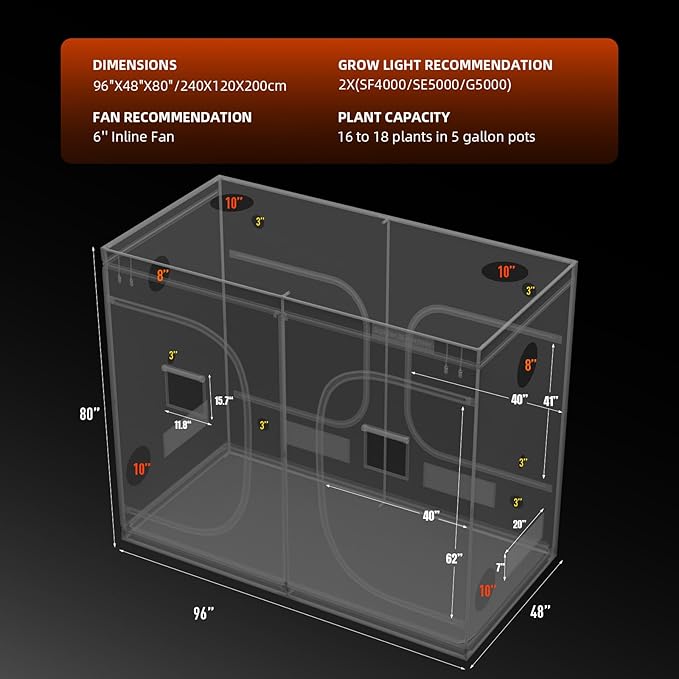 Spider Farmer 8x4 Grow Tent, 96"x48"x80", with Hook for Controller, 1680D Thicken Mylar Canvas, Enlarged View Window, Waterproof Floor Tray for Indoor Hydroponic Growing for SF4000, SE5000, G5000