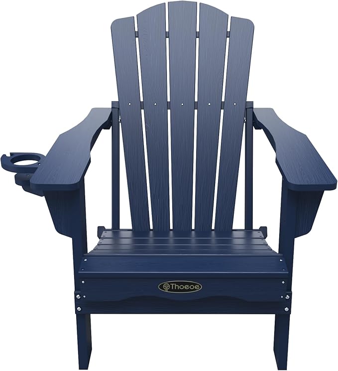THOEOE Folding Adirondack Chair Set of 4, HDPE All-Weather Outdoor Chair with Cup Holder, Wooden Textured, Fire Pit Chair, Plastic Patio Chair for Deck, Backyard, Garden, Lawn, Navy Blue