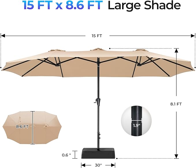 SUPERJARE 15FT Outdoor Patio Umbrella with Base Included, Double Sided Pool Umbrellas with Fade Resistant Canopy, Extra-Large Table Umbrella for Deck, Market, Backyard, Beige