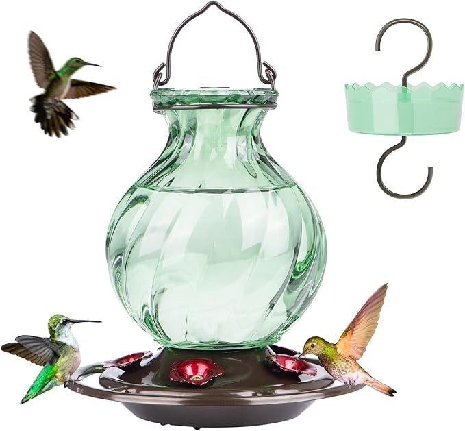 Auslar 26 Ounces Hummingbird Feeder, Hummingbird Feeders for Outdoors Hanging, Ant Moat and 5 Flower Feeding Ports, Fade Proof, Rustproof, Leakproof, Netted Flower Bud Shape Bottle, Green