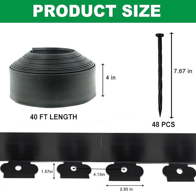 Hugeleaf Landscape Edging Kit 40 Feet with 48pcs Spikes, 4 Inches Garden Edging Flexible Landscape Lawn Border for Flower Beds Yard Pathway