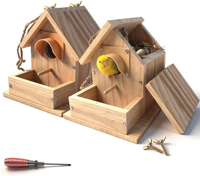 Bluebird Houses for Outside with Pole, Cedar Wooden Bird Houses to Paint for Finch Bluebird Cardinals, Hanging Birdhouses W/Rain Awning Kits for Outdoors (DIY Detachable, 2 Pack)