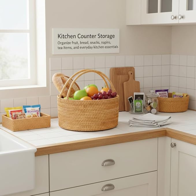 Handwoven Rattan Storage Basket with Handles, Natural Wicker Decorative Basket for Kitchen Counter, Pantry Organization, Floral Arrangement, Gift Packaging & Home Decor