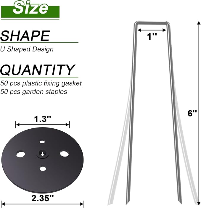 AAGUT 50 Pack Landscape Staples with Gasket Washer Caps, 6 Inch Vapor Barrier Stakes, Metal Garden Stakes Landscape Fabric Staples for Gardening Landscaping, Sod Fence Yard Lawn Ground Weed Mat Pins