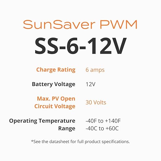 Morningstar SunSaver 6A PWM Solar Charge Controller (SS-6-12V) - Intelligent Solar Panel Regulator for 12V Batteries, Four Stage Battery Charging, HazLoc Rated, Low Noise, 5 Year WTY - Designed in USA