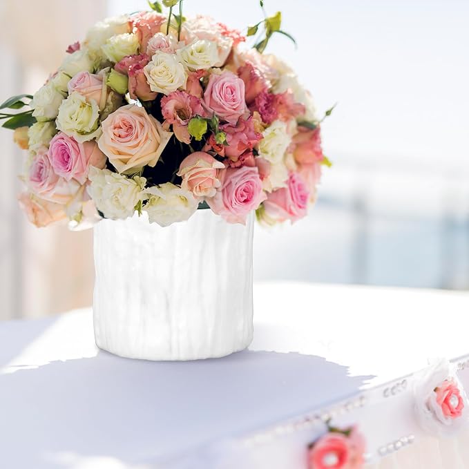 24 Set Plastic Cylinder Planter Box Round Plastic Flower Box with Removable Foam Blocks Liner White Round Vase for Centerpiece Home Wedding Garden Craft Decor (White Bark)