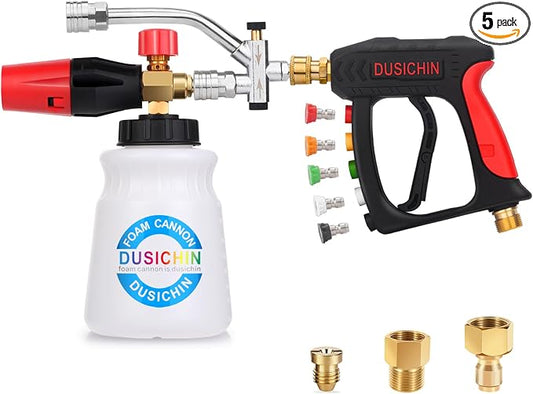 DUSICHIN Short Wand Pressure Washer Gun Foam Cannon 1/4" Quick Connector Pressure Washer Accessory,Car Wash Foam Gun Dual Ended Shift Connector 5 Pressure Washer Nozzles M22-14, M22-15 Brass Fittings
