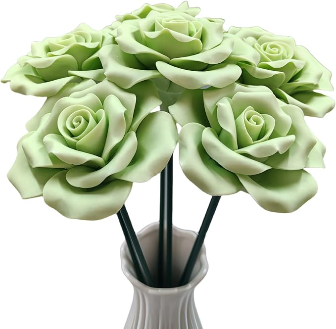 Handmade Porcelain 3D Ceramic Rose Flower, Eternal Flower Decoration for Home Office Decor, Creative Desktop vases, Porcelain Decorations, Exquisite, Set of 6 (Green)