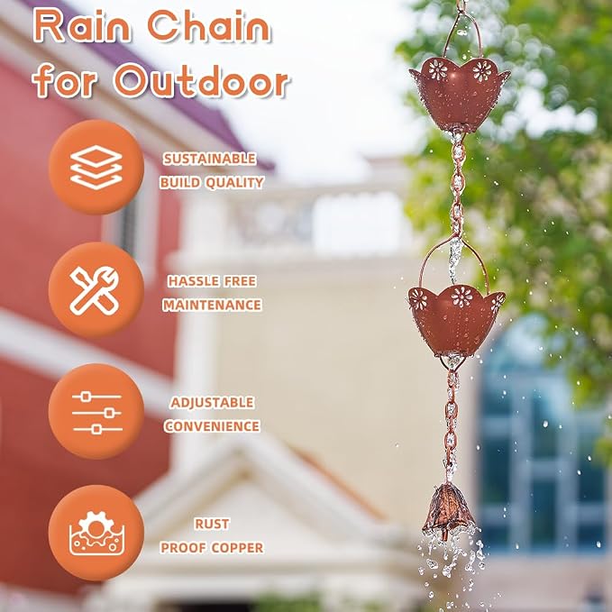 Rain Chains for Gutters, 8.2 FT Rain Chain with 10 Cups, Adjustable Rain Catcher Chain for Outside, Replacement Downspout for Gutters, Eaves, Drainage(Gold)