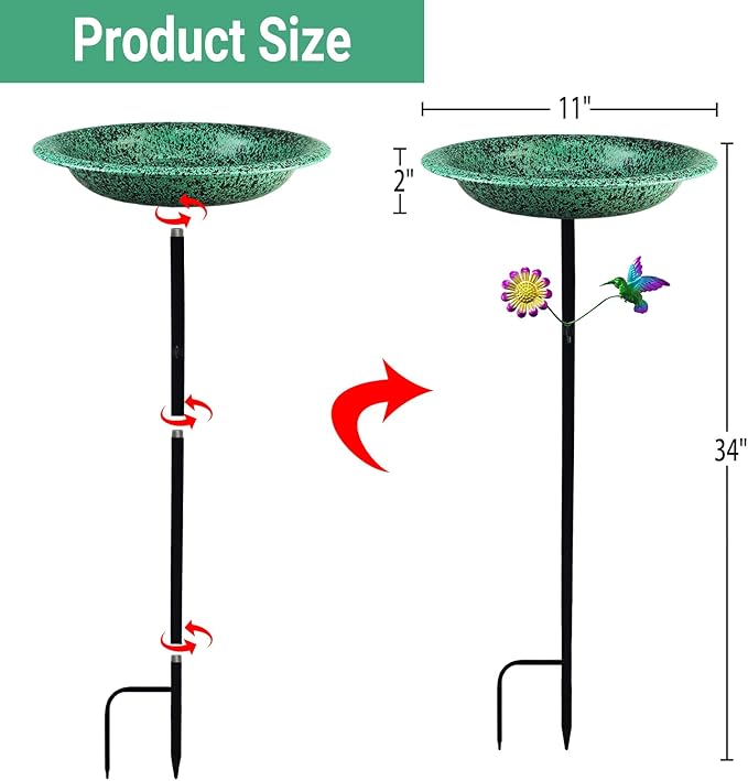 Freestanding Bird Bath for Outside, Metal Birdbath with Removable Bowl and Sturdy Base, 11.5'' Bird Feeder for Outdoors Garden Patio Yard Lawn Decor, Easy to Install(Green)