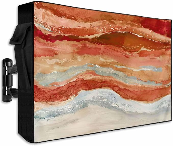 Outdoor TV Cover 40-43 Inch Weatherproof, Burnt Orange Coastal Outdoor TV Enclosure with Zipper & Roll Up Front Flap, Summer Beach Nautical Abstract Art Waterproof TV Covers for Outside TV
