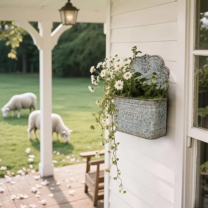 All Chic Set of 2 Metal Hanging Wall Planters Outdoor Indoor Mail Wall Mounted Planter Antique Shabby Chic Wall Decor (Grey)
