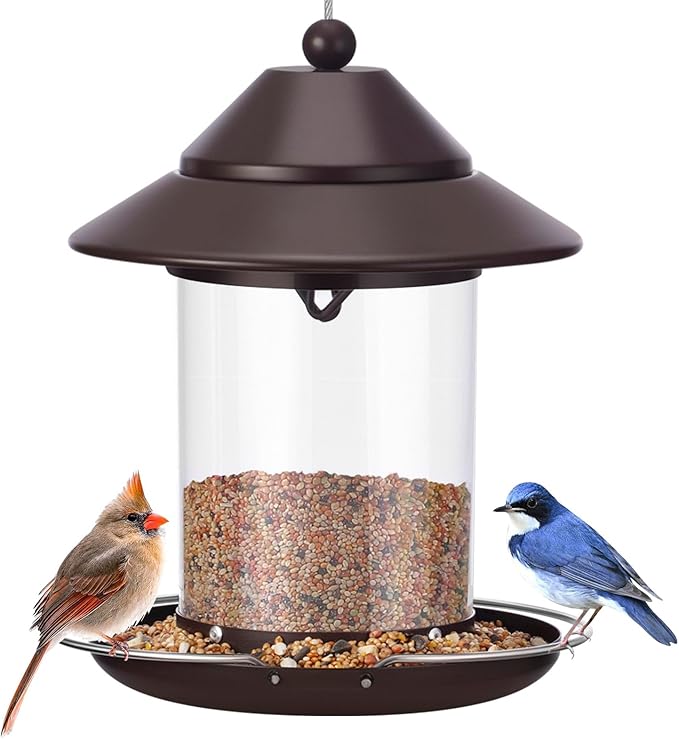 Metal Bird Feeders for Outdoors, Hanging Metal Roof Bird Feeder with 3lb Clear Tube Seed Capacity for Viewing Cardinal Finch, Wild Birdfeeders for Outside Garden Yard Decoration