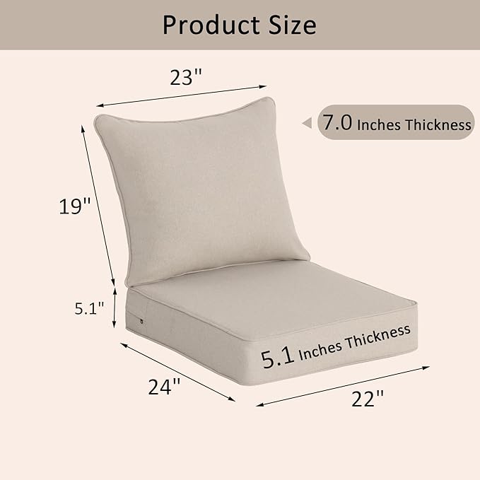 COZYVIDA Outdoor Deep Seat Cushion Set of 2, 22"x24"x5.1" Seat & 23"x19" Back, C0 Water-Resistant Breathable Fabric, UV-Resistant 1000+ Hrs, 30D Foam with Recycled Fiber Fill,Natural Linen