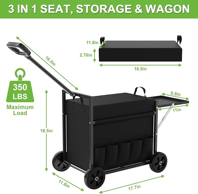 Garden Seat with Wheels, Garden Cart with Seat, 400 lbs Garden Rolling Utility Cart with Foldable Side Trays, for Gardening, Patio, Backyard, Gardening Gifts for Fathers Day