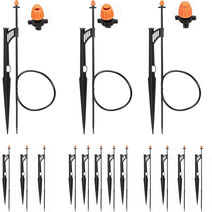 12 Sets 90/180/360° Irrigation Micro Sprinkler Heads with Stake,Drip Sprinkler Heads with 1/4" Irrigation Tubing on Riser Stake,Drip Spray Emitters Sprinkler Stake Assembly for Garden Water System