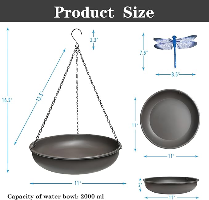 Hanging Bird Bath for Outside,11" Metal Bird Feeder Birdbath Bowl with 13.5" Rust-Proof Black Chains for Garden Backyard Decor with Magnetic Dragonfly Decor Dark Curry