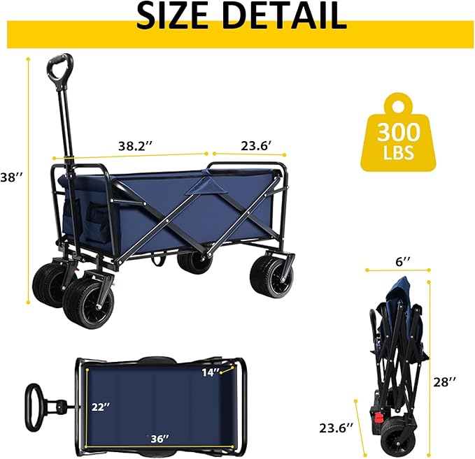 Foldable Wagon Cart, Collapsible Wagon Cart, 300lbs Folding Utility Wagon with All-Terrain Wheels, Collapsible Wagon for Gardening, Camping, Beach, Outdoor Use, Blue