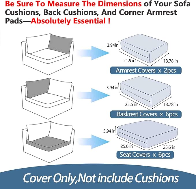 Cushion Covers Replacement 14 Pcs for 7 Pcs Outdoor Modular Sectional Set, Splashproof Inelastic Covers with Zippers, Max Compatible 25.6x25.6x4inch Patio Cushion,Only Covers