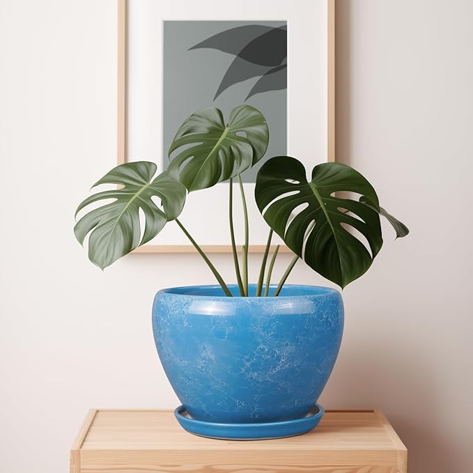 Ceramicfor 10 Inch Planter Pot - Ceramic Pots for Plants with Drainage Hole and Saucer, Round Large Flower Pot for Indoor Plants, Blue