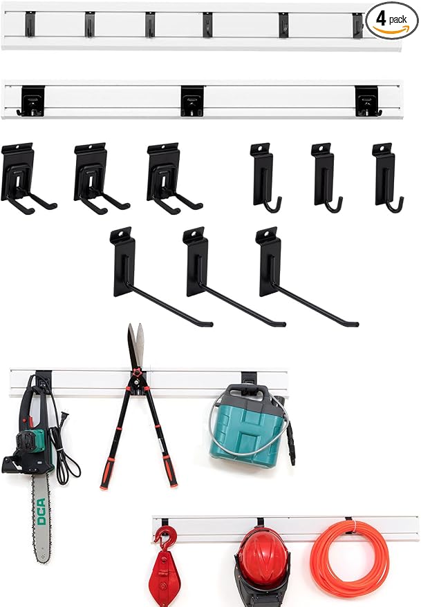 Slat Wall Paneling Garage Tool Organizer Wall Mount 4 Pack with Adjustable Metal Hooks 9 Pack, Garage Slat Wall Storage Systems Garage Storage & Organization Products, White Slatwall Total 96 inch