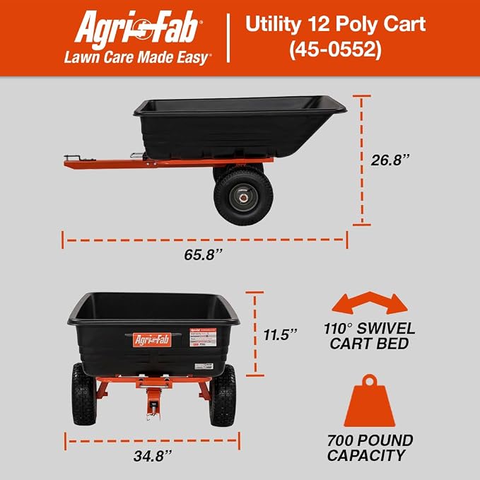 Agri-Fab Tow Behind Poly Dump Swivel Cart for Lawn Tractors and Mowers, 700 lb Capacity, 12 Cu Ft Utility Trailer