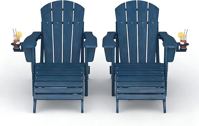 GarveeLife Folding Adirondack Chair Set of 4 with Ottoman, All-Weather HDPE Outdoor Chair, Wooden Textured with Cup Holder for patios, Decks, Gardens, fire pits, Navy Blue