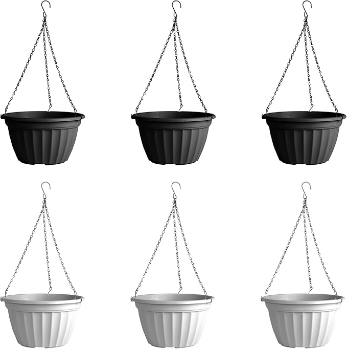 FGstyle Outdoor Plastic Hanging Pot 6 Pcs 10 inch Black and White