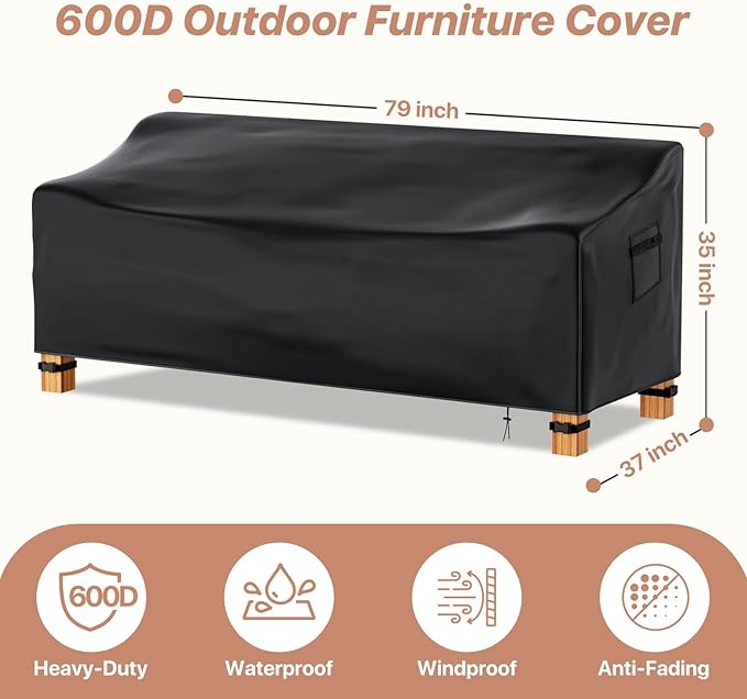 Likorlove Outdoor Couch Cover Waterproof, 60" Wx 42" Dx 30" H Patio Furniture Covers Waterproof, Windproof 2-Seater Sofa Cover Heavy Duty with Air Vent and Handles for Lawn, Backyard Deck, Black