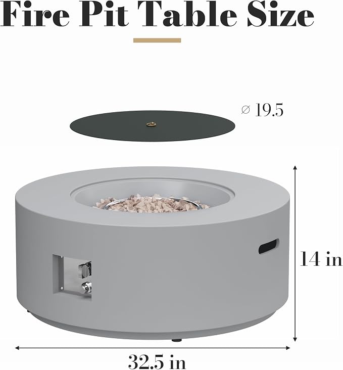 32.5 Inch Propane Fire Pit Table, 50,000 BTU Round Patio Fire Pit Table Outdoor, CSA Certified, Stainless Burner with Steel Lid, Waterproof Cover & Lava Rocks, for Garden Backyard, Gray