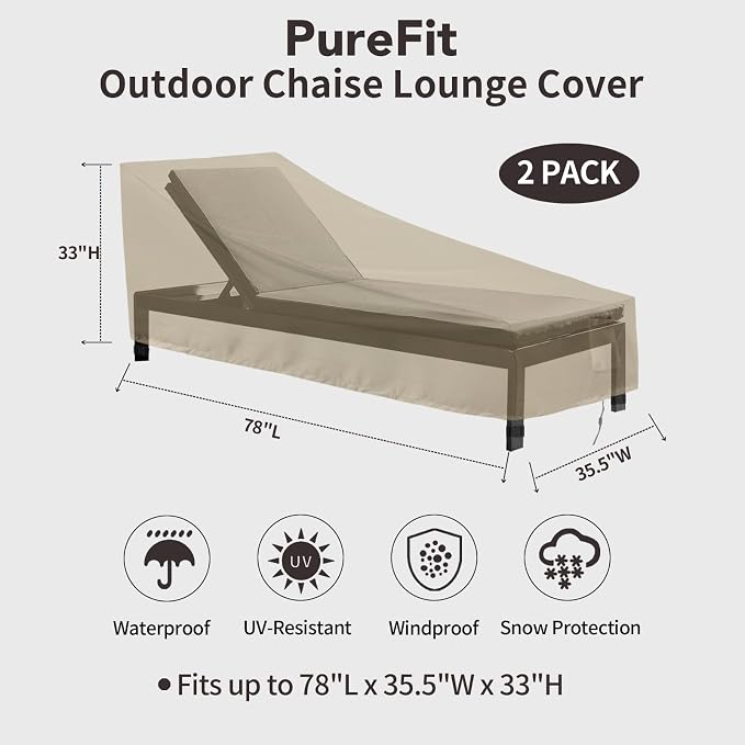PureFit Outdoor Chaise Lounge Cover, Lounge Chair Covers Waterproof Patio Furniture Lounge Chair Cover, UV Resistant & Weatherproof, 2 Pack, 78"L x 35.5"W x 33"H Inches, Camel