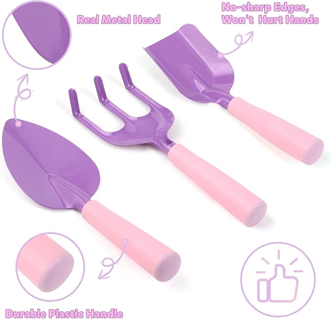 3 PCs Kids Gardening Set Trowel Rake Shovel Children's Garden Tools Pink Purple Kids Garden Tools Gardening Gifts for Kids Girls