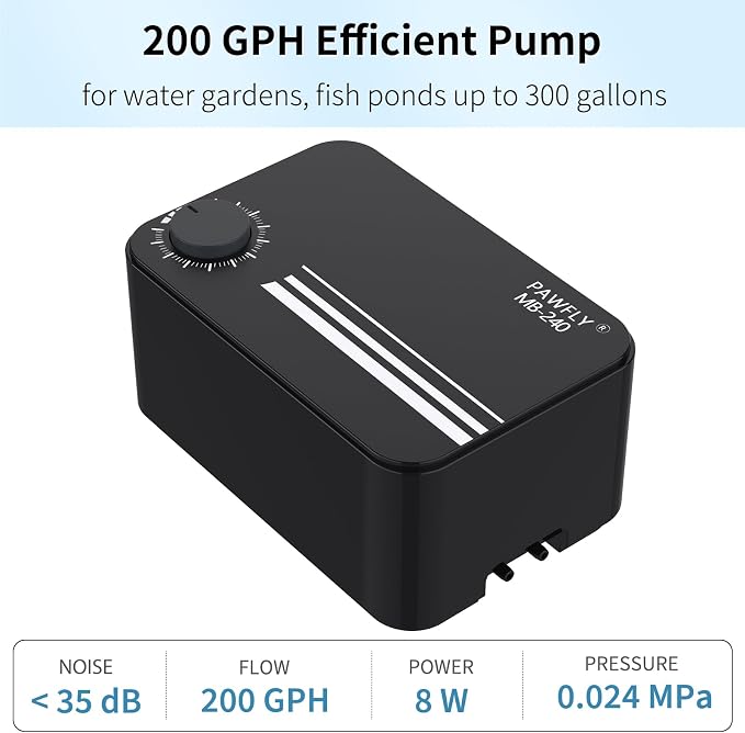 Pawfly 120 GPH Pond Aeration Kit Dual Outlets Adjustable Oxygen Aerator Pond Air Pump Kit with Stone Airline Tubing and Check Valve Accessories for Water Gardens & Koi Fish Ponds up to 300 Gallons