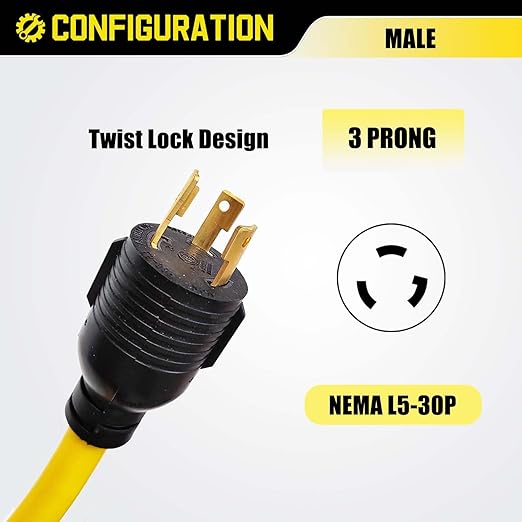 30 Amp 3 Prong Twist Lock to 110 Adapter Cord, Generator Locking Plug NEMA L5-30P to 3X 5-15R 5-20R Outlets