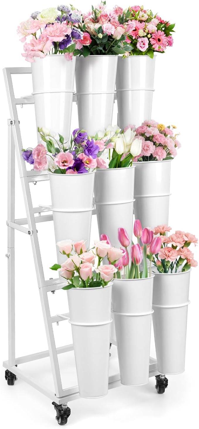 3FT Flower Display Stand with 9 Buckets,Metal Flower Bar Stand with Wheels,3 Layers Moving Florist Bouquet Shelf for Indoor Outdoor Garden,Flower Shop,Wedding,Party Decor (WHITE)