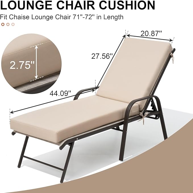 Crestlive Outdoor Chaise Lounge Cushions, 3 Years Fade Resistant Water Resistant Lounge Chair Cushion, 72''L x 21''W, Set of 2, Beige