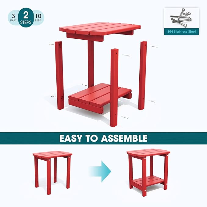 THOEOE Adirondack Outdoor Side Table, 2-Tier Sturdy Patio End Table Weather Resistant, Morden Side Table for Patio, Pool, Porch, Red