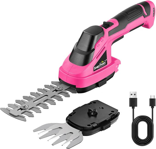 SnapFresh Cordless Hedge Trimmer & Grass Shears, 7.2V 2-in-1 Handheld Electric Bush Trimmer, Lightweight & Low-Noise, Rechargeable Lithium-Ion Battery with Type-C Cable Included (Pink)