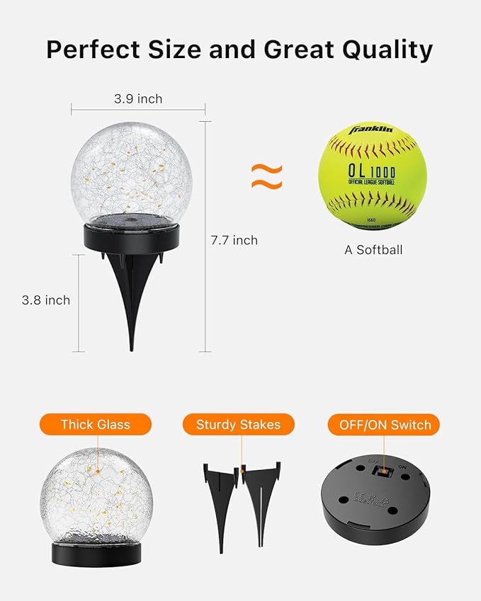 4 Pack Multicolor Solar Powered Cracked Glass Ball Lights Outdoor Waterproof LED RGB Ambiance Orbs Lamps for Outside Garden, Patio, Table, Walkway, Stairs, Lawn, Landscape Decor with Durable Stakes